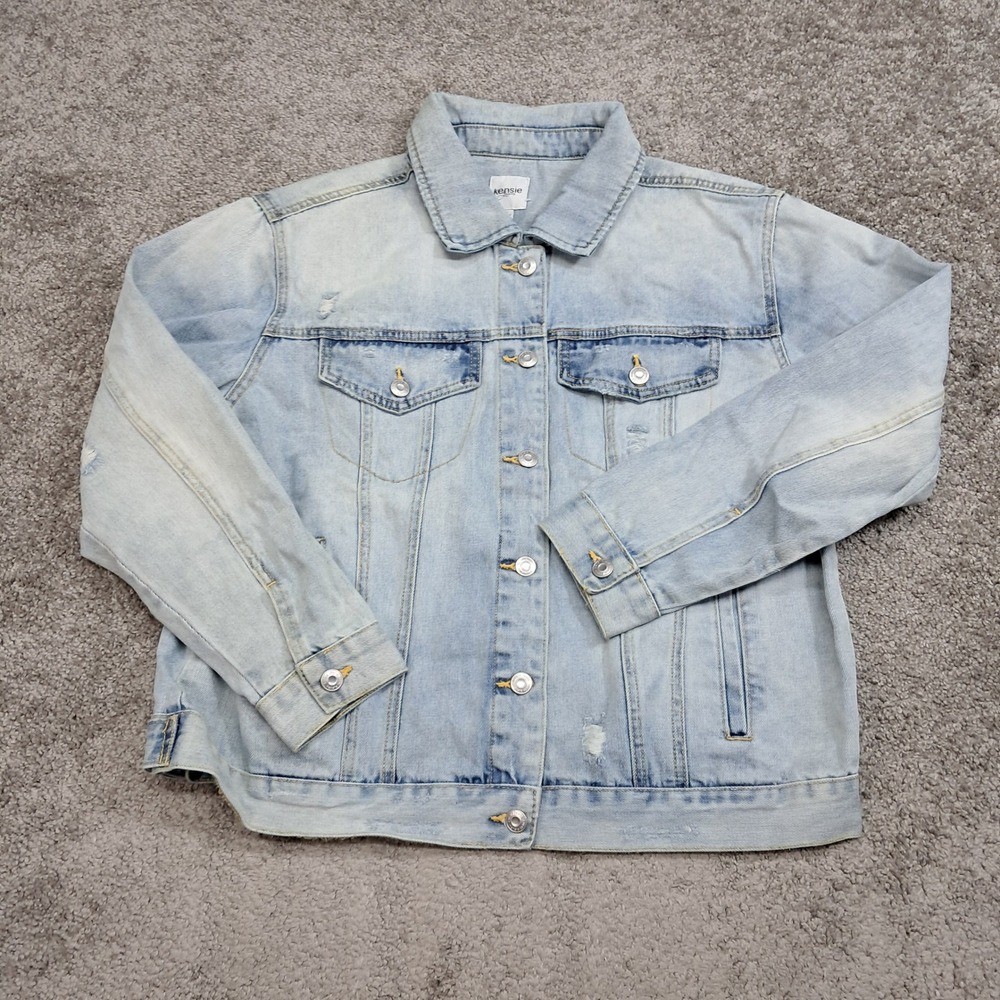 Kensie Jeans Womens Light Wash Distressed Studded Leopard Cross Denim Jacket L